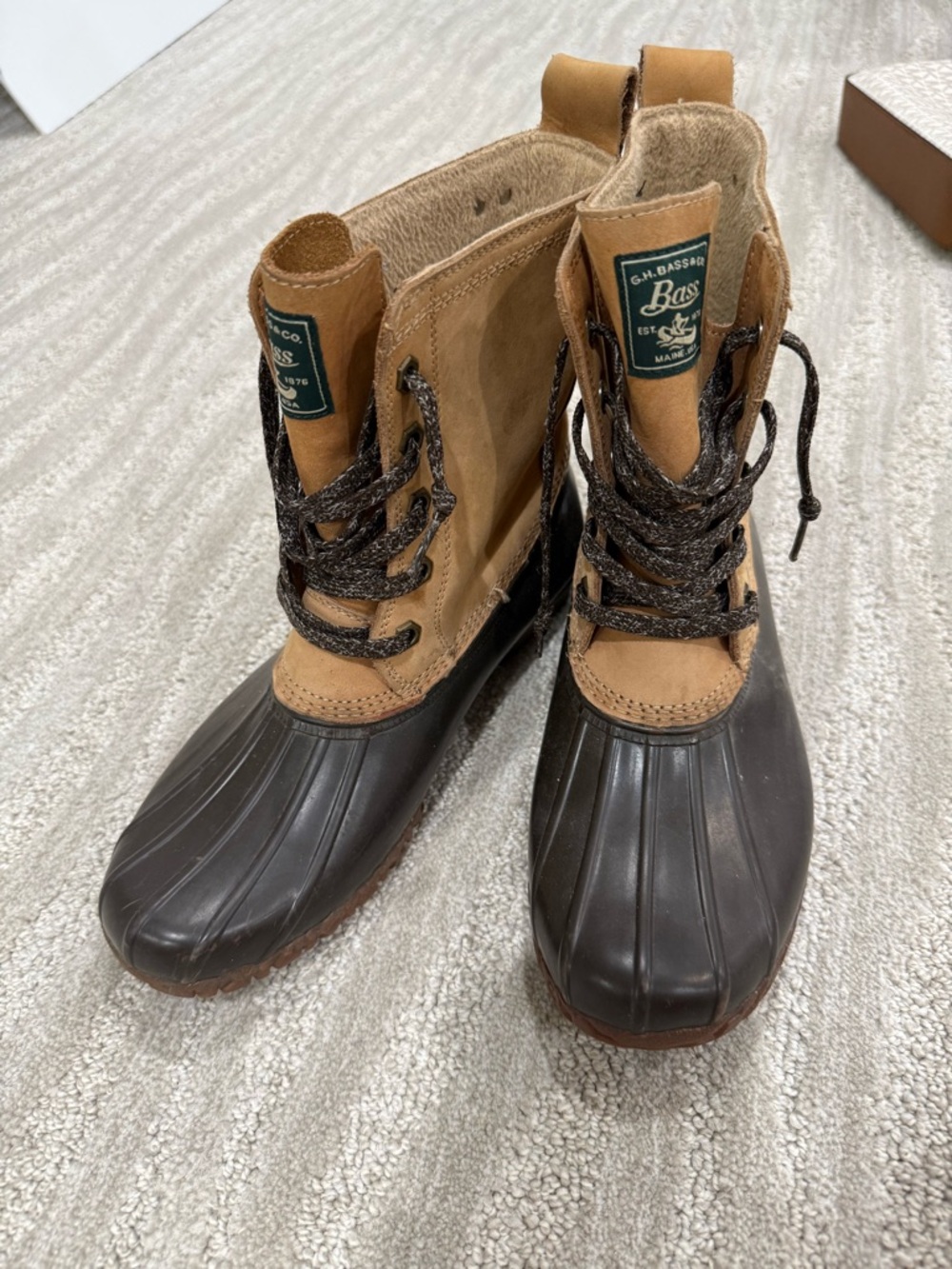 Bass Two-Tone Leather and Rubber Duck Boots in Dark Brown and Tan
